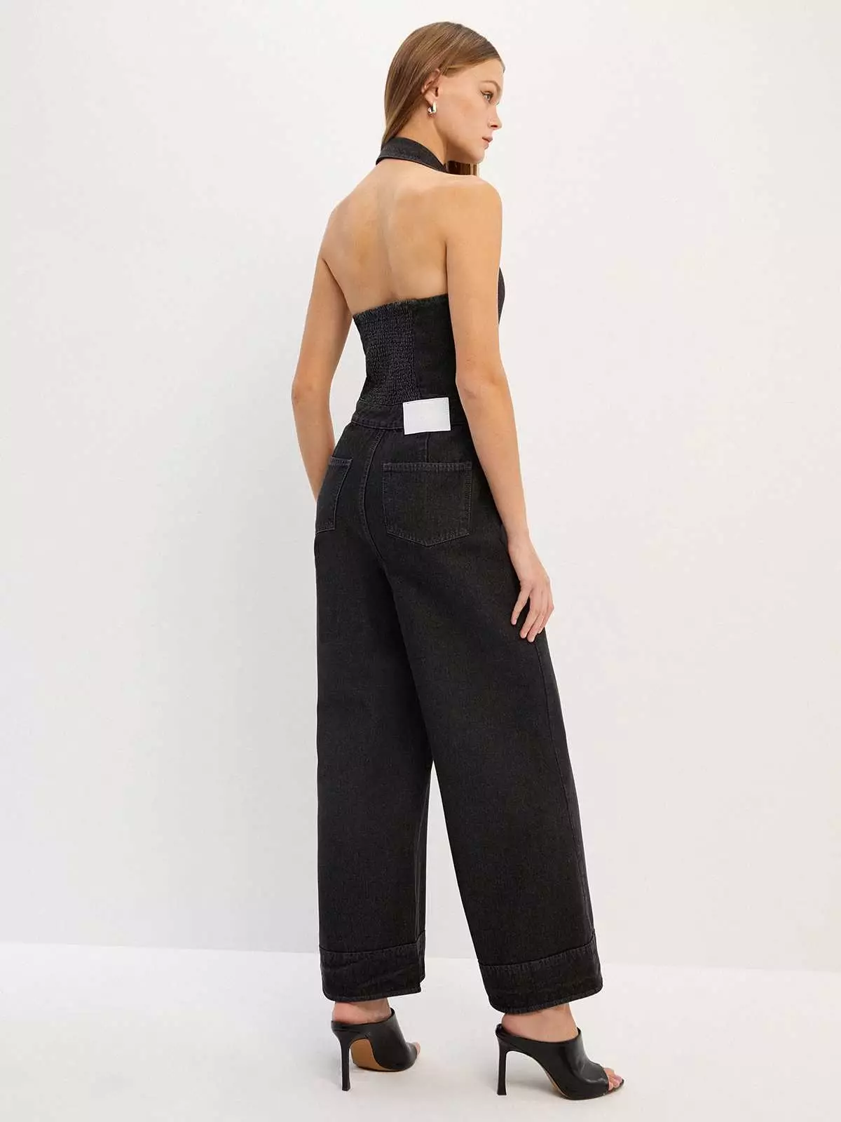 Denim Front Zipper Jumpsuit - Black