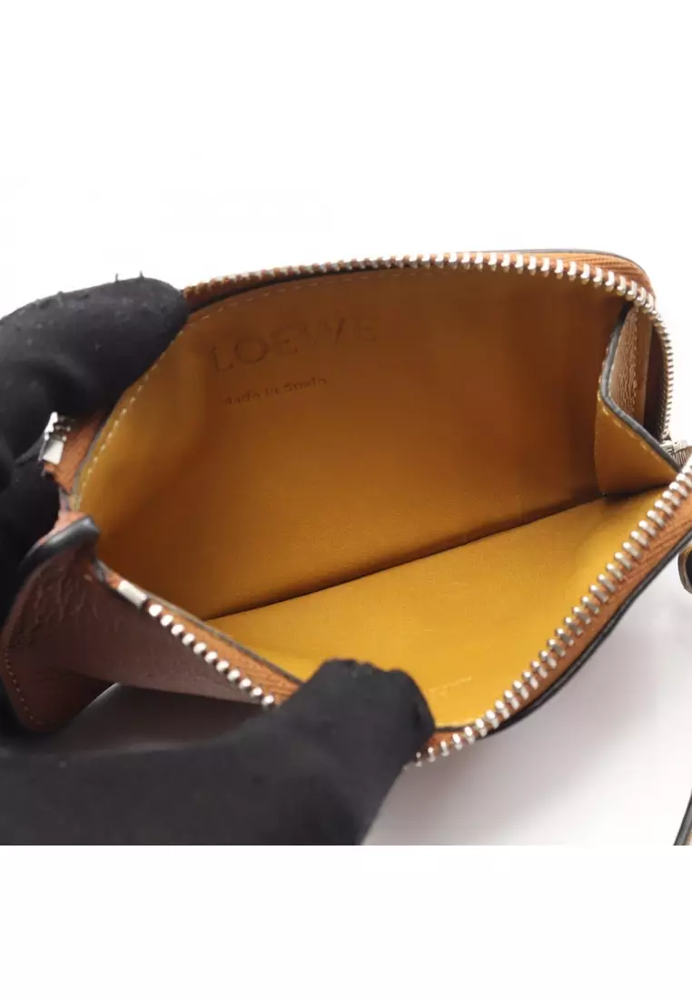 Pre-Loved LOEWE Anagram fragment case coin purse leather Brown
