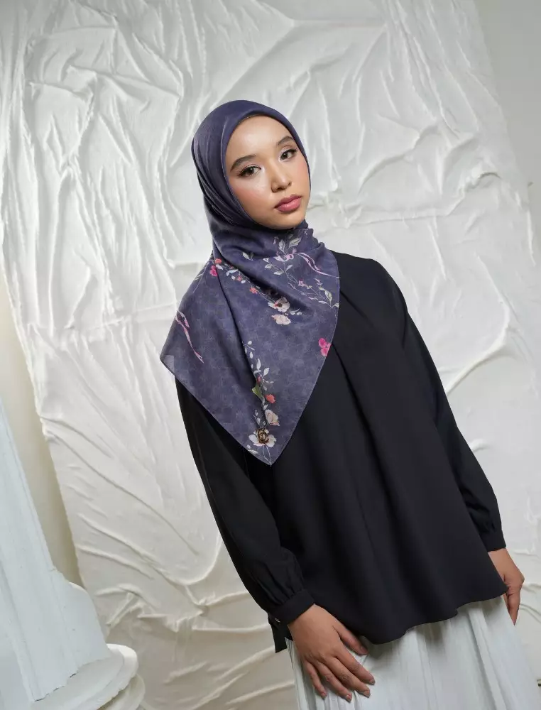 FLEUR Scarf Navy - Kerudung Hijab Segiempat Motif With BOX - Bahan Nesla - Ukuran 115x115
