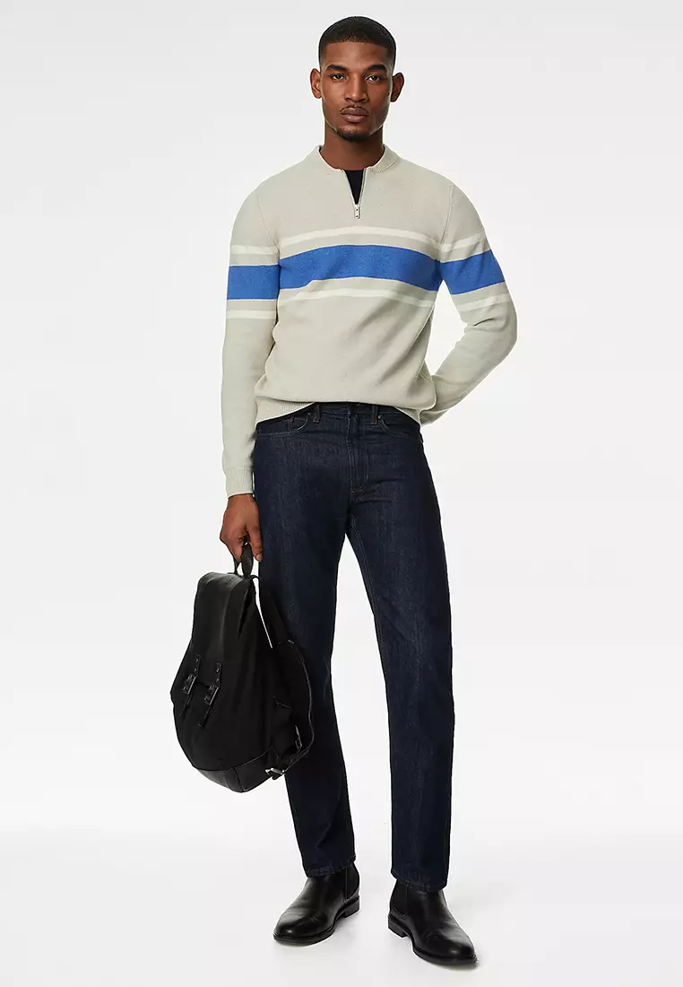 Cotton Blend Striped Half Zip Jumper