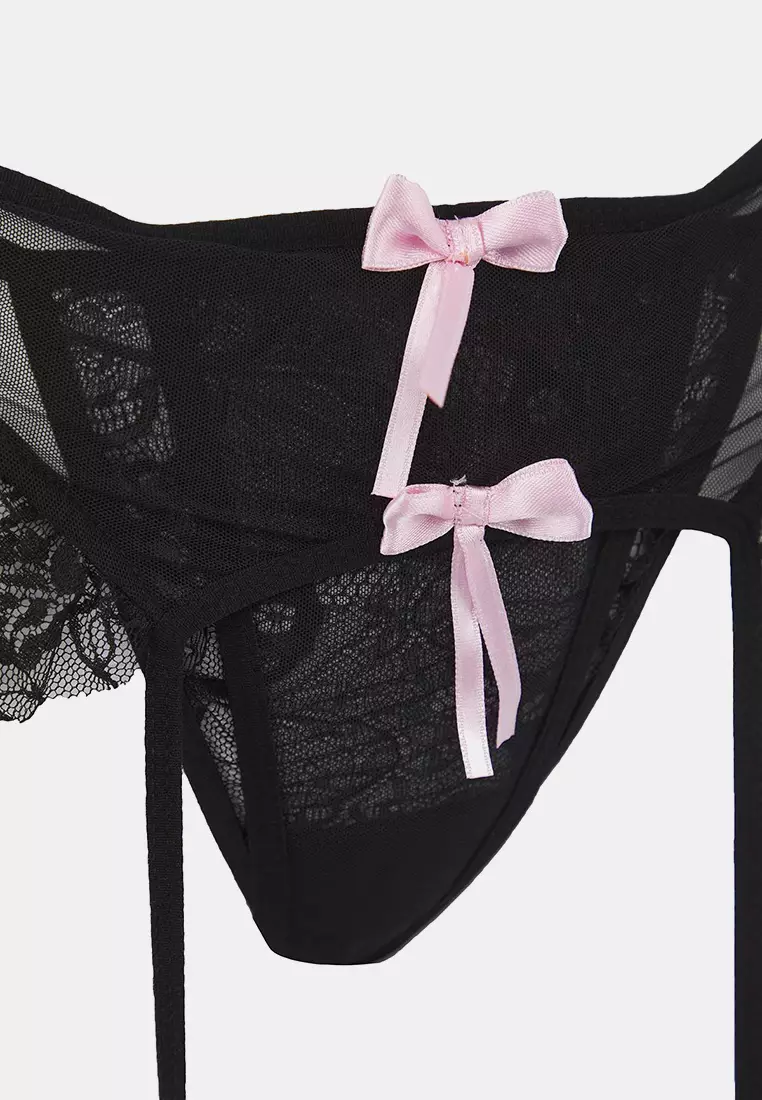 Black Ribbon Detailed Leg Band Ruffle Coverless Lace Fantasy Lingerie Set