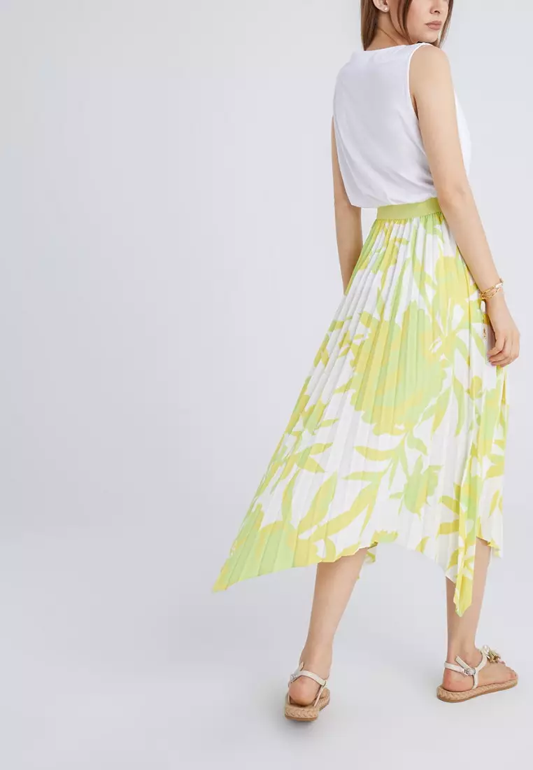 Floral Print Pleated Asymmetrical Hem Skirt