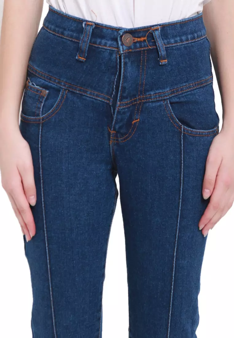 Jesslyn Celana Jeans Boyfriend Aksen Ripped Bawahan Wanita Regular Fit - Dark Blue