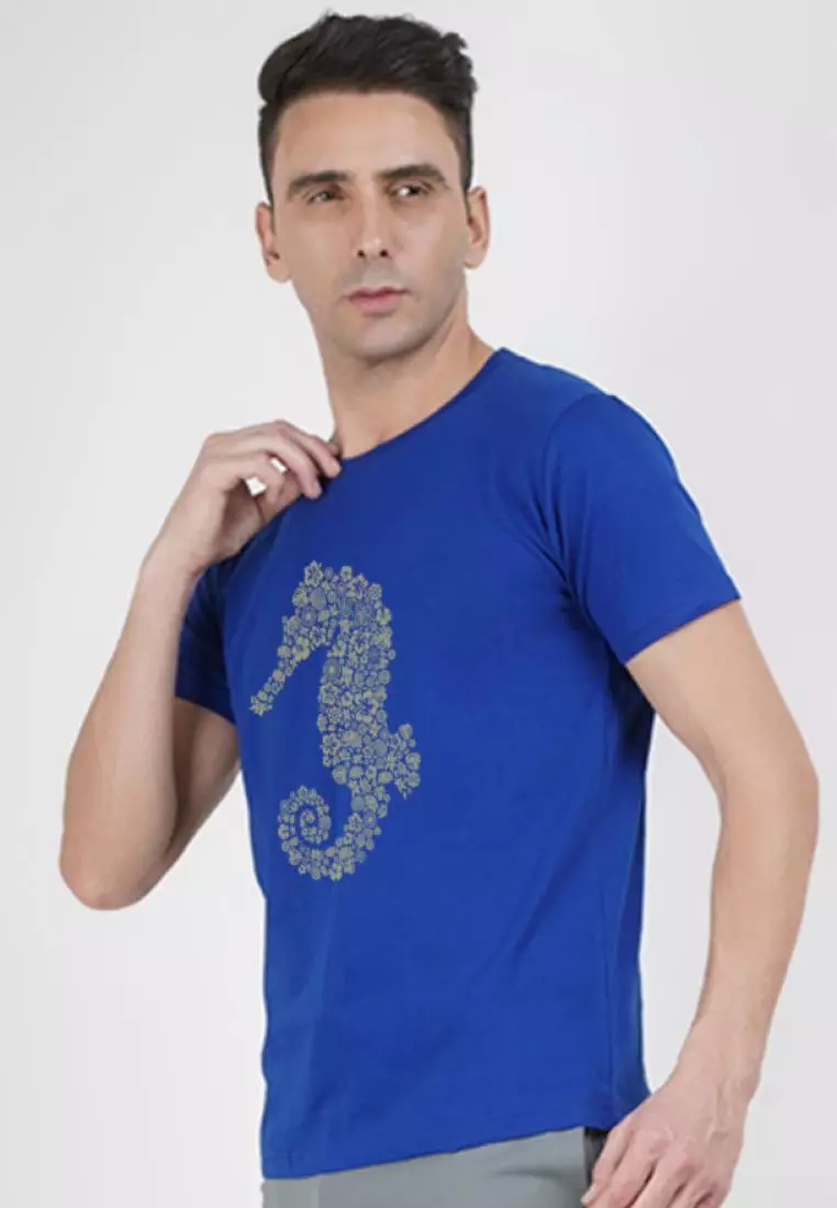 Seahorse Graphic Royal Blue Cotton Short Sleeve Regular Fit Tee