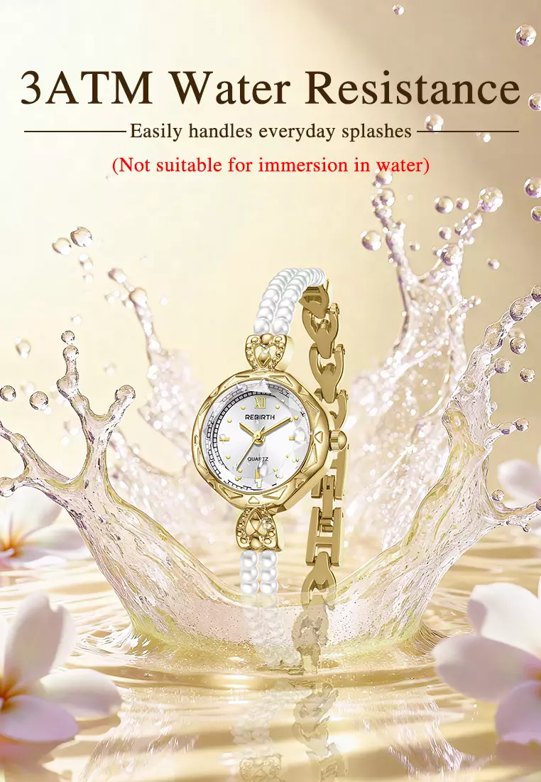 Jam Tangan Wanita Tali Mutiara Alloy Anti Air Quartz Elegan Warna gold white