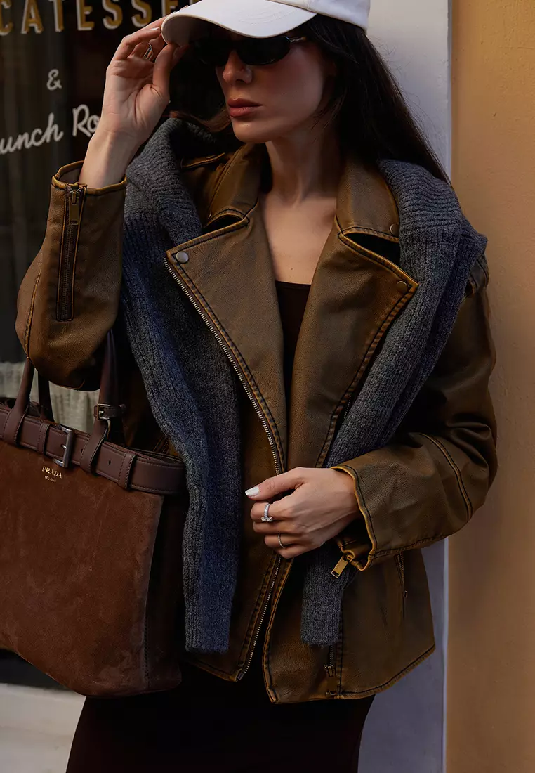 Brown Oversized Wash Effect Faux Leather Biker Jacket Coat