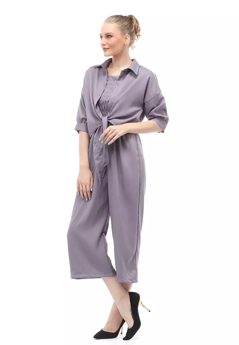 Jumpsuit Wanita Casual Motif Solid Setelan Relaxed Fit - Abu