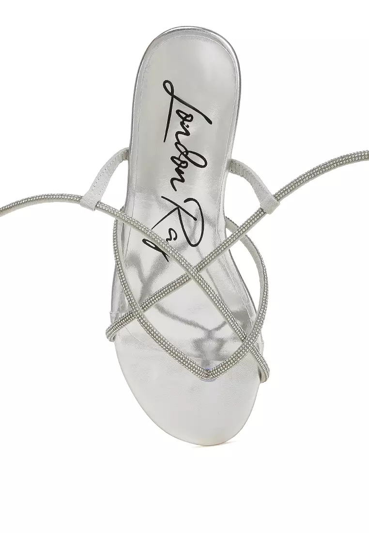Rhinestone Embellished Lace-Up Sandals in Silver