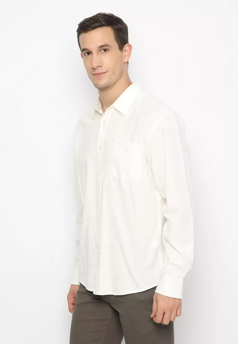 POLICE Kemeja Polos Cotton Slub Off White Regular Fit Lengan Panjang Pria