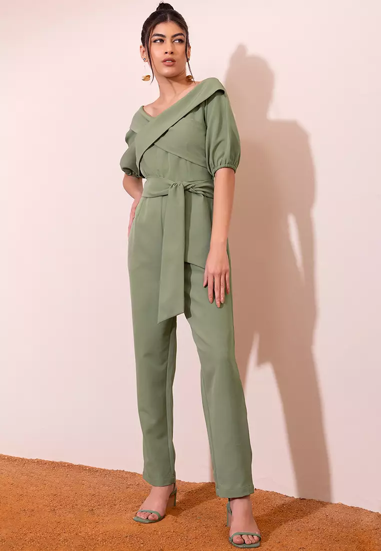 Light Green Drop Shoulder Front Tie Jumpsuit