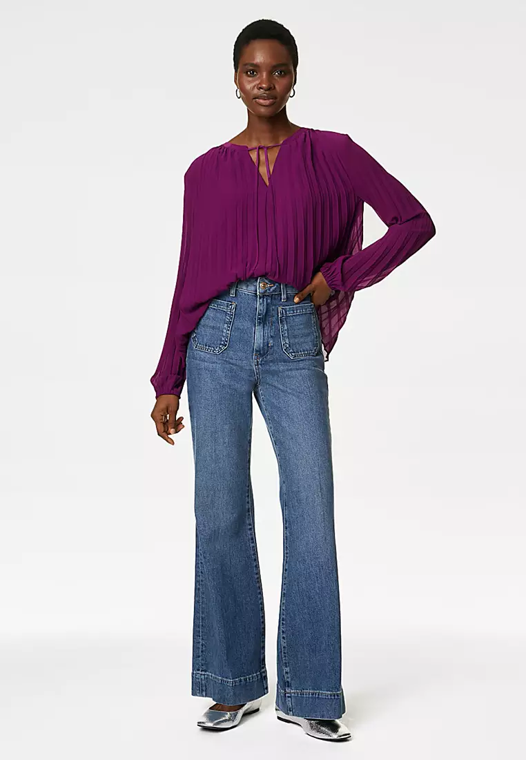 Pleated Tie Neck Popover Blouse