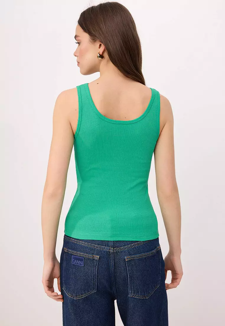 Green Fitted/Body-Fitting Pool Neckline Corded Fabric Stretchy Knitted Tank Top Twoss22Al42