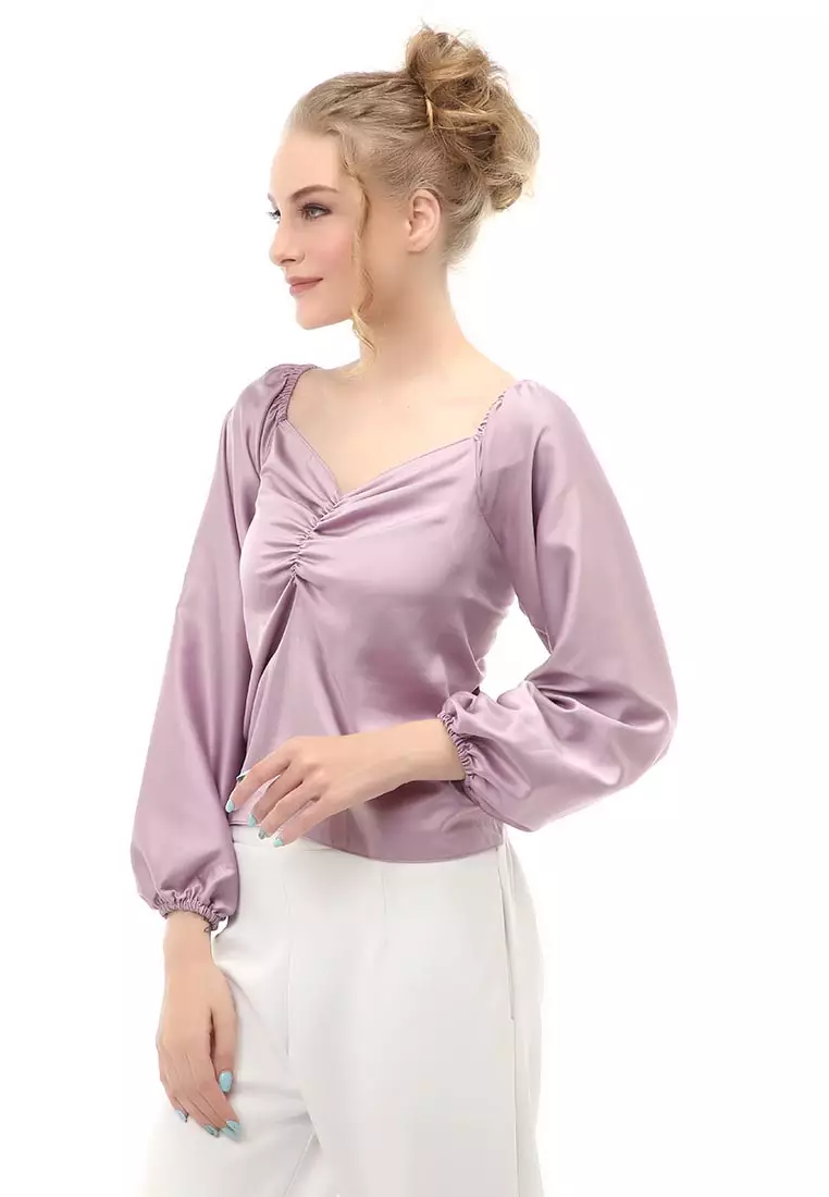 Cheva Blouse Casual Wanita Sabrina Kerut Dada Lengan Panjang Material Satin ORIGINAL - Lilac