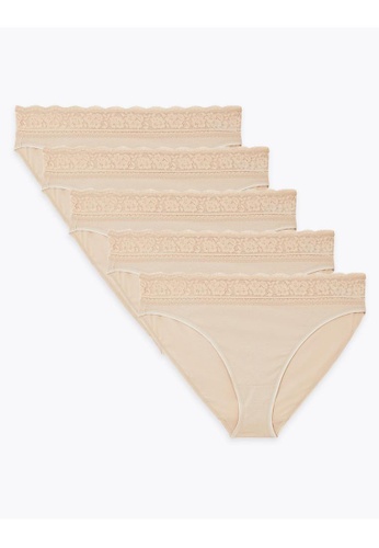 MARKS & SPENCER beige M&S 5pk Supersoft Cotton & Lace Knickers DDBFDUS45F7A9AGS_1