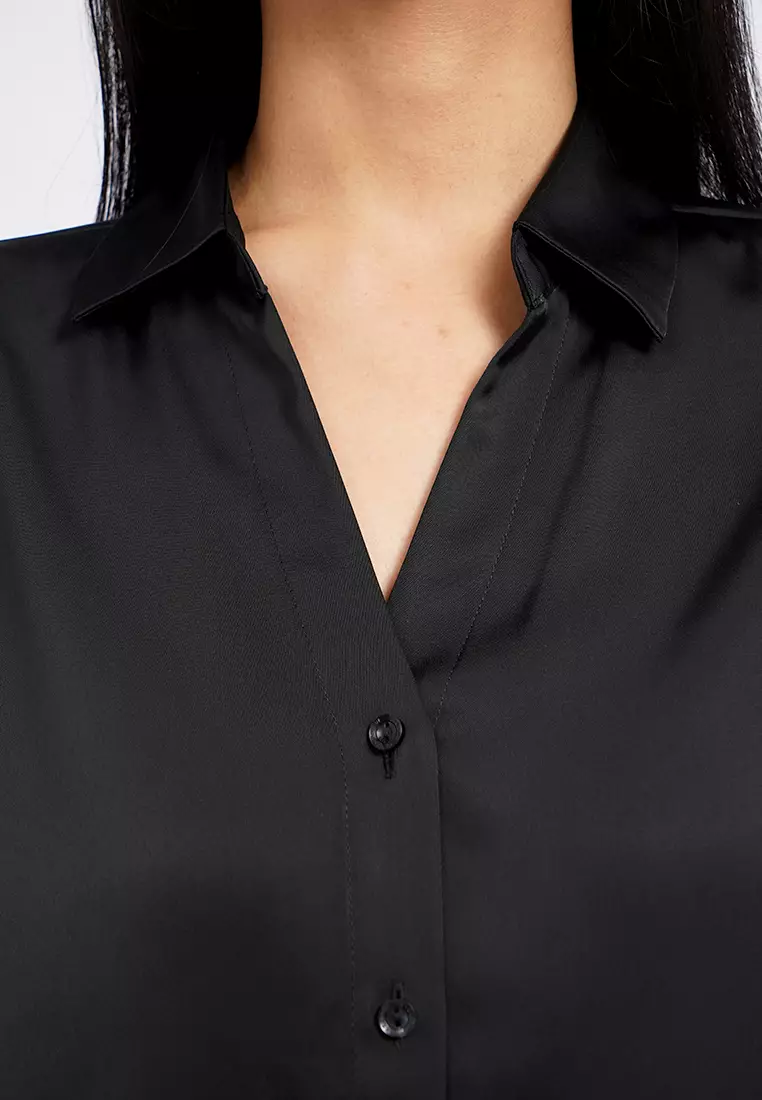V-Neck Collared Satin Shirt