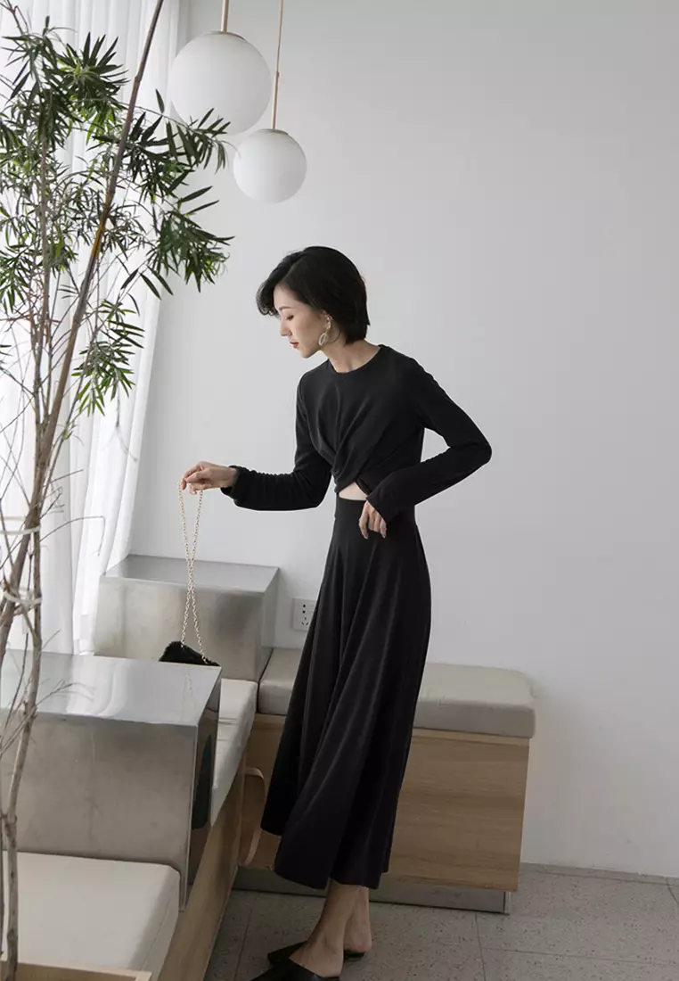 Knotted Long Sleeve T-shirt + Half-length Skirt Suit CA100814BK