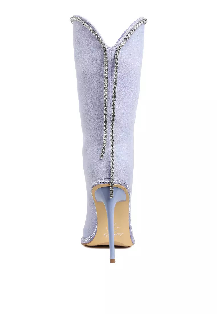 Diamante Chain Detail Calf Boots in Lilac