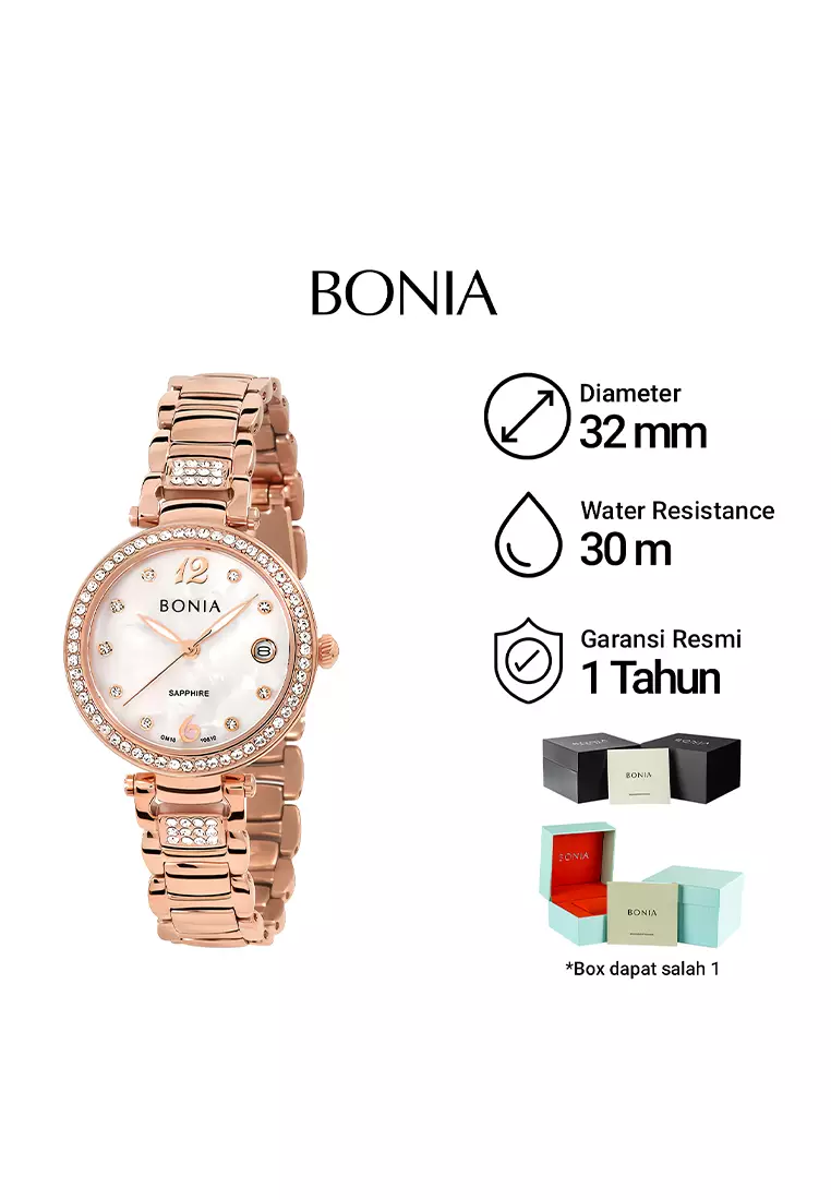 Bonia Sapphire Crystal - Jam Tangan Analog Wanita - Silver Dial - Rose Gold Stainless Steel - B10610-2555S