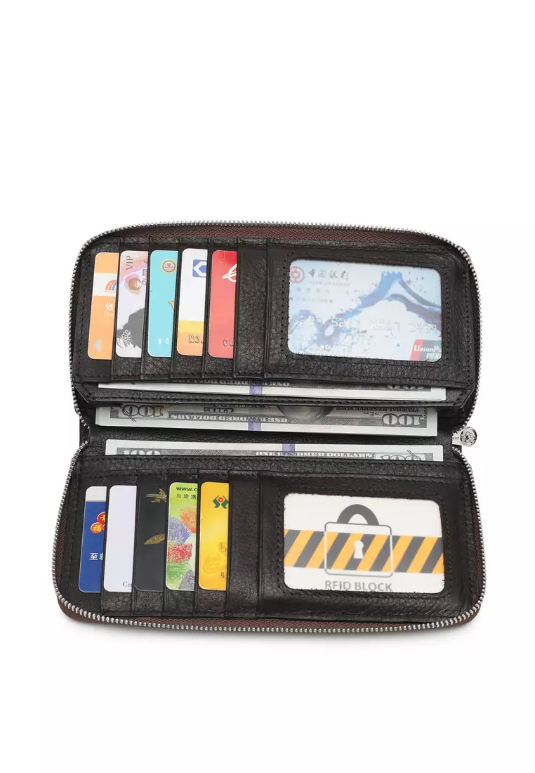 Men's Genuine Leather RFID Zipper Long Wallet - Brown
