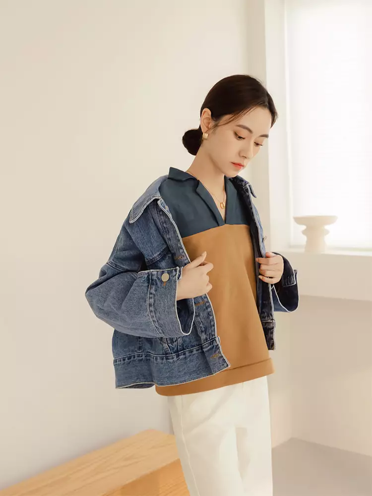 Collared color-blocked long-sleeve sweatshirt [AB19172]