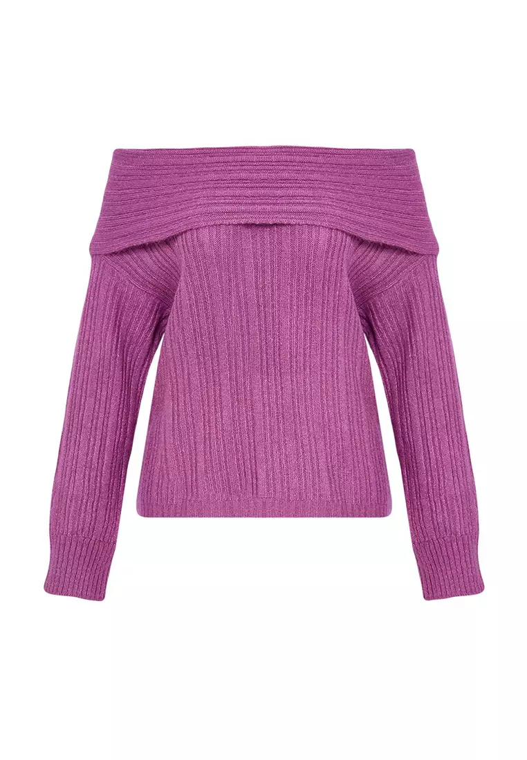 Plum Soft Textured Carmen Collar Knitwear Sweater TWOAW25KZ00076