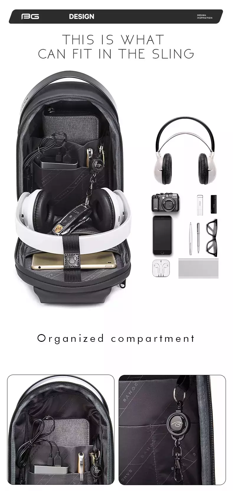 Bange BG7256 Tas Selempang Pria WaistBag Pria Sling Bag Pria USB - BLACK