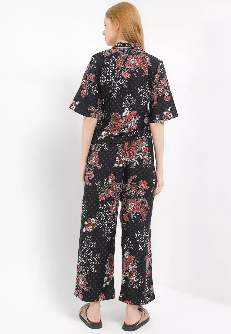 Setelan Piyama Baju Tidur One Site Atasan dan Bawahan Celana Wanita Zafea Berkerah Hitam