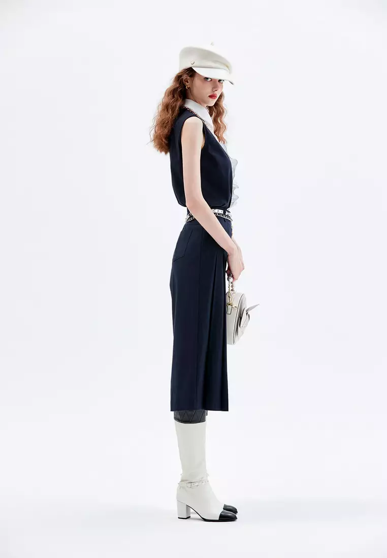 Pleated Wide Leg Navy Pants