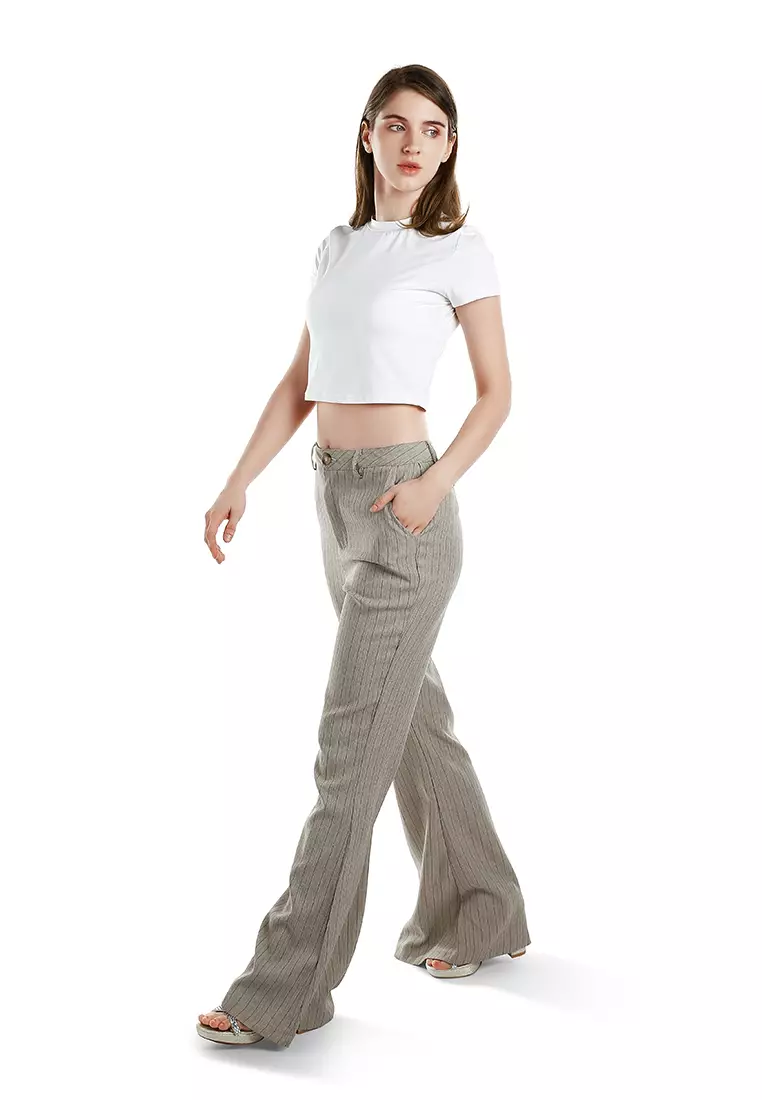 Herringbone Slim Flare Trousers in Taupe