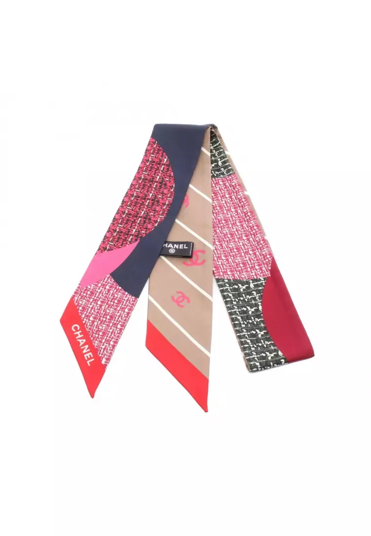 Buy Chanel Pre-Loved Chanel coco mark ribbon scarf silk Pink red Navy ...