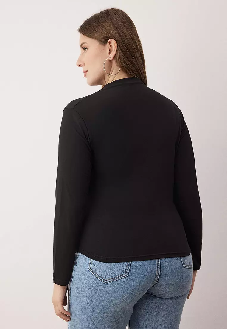 Black Sandy Shirring Detail Long Sleeve Knitted Plus Size Blouse Tbbaw26Af00104