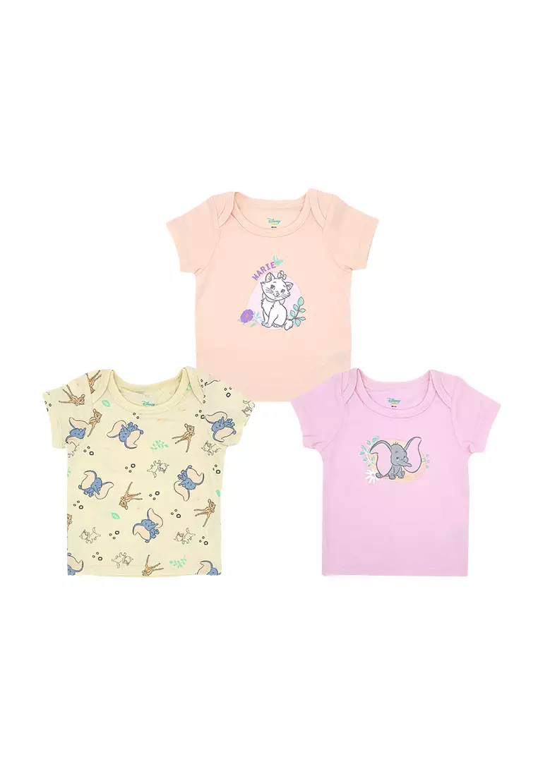 Licensed Newborn Essentials Regular T-Shirt Pack of 3 "Marie,Dumbo & Bambi" - Sweetcorn/Tropical/Orchid