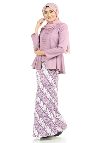 Buy Rabiya Kebaya Peplum with Batik Motifs Skirt from Ashura in White and Purple and Multi only 159.9