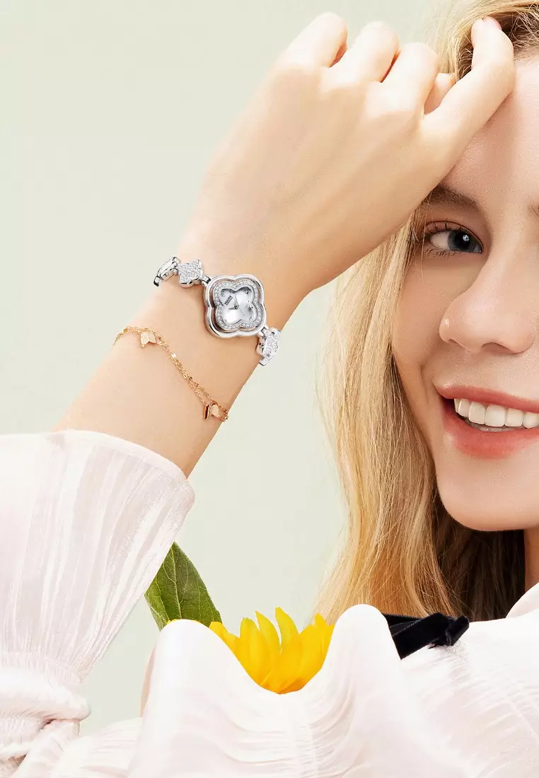 女士幸運四葉草不鏽鋼石英腕錶，鑲有水晶，金屬錶帶