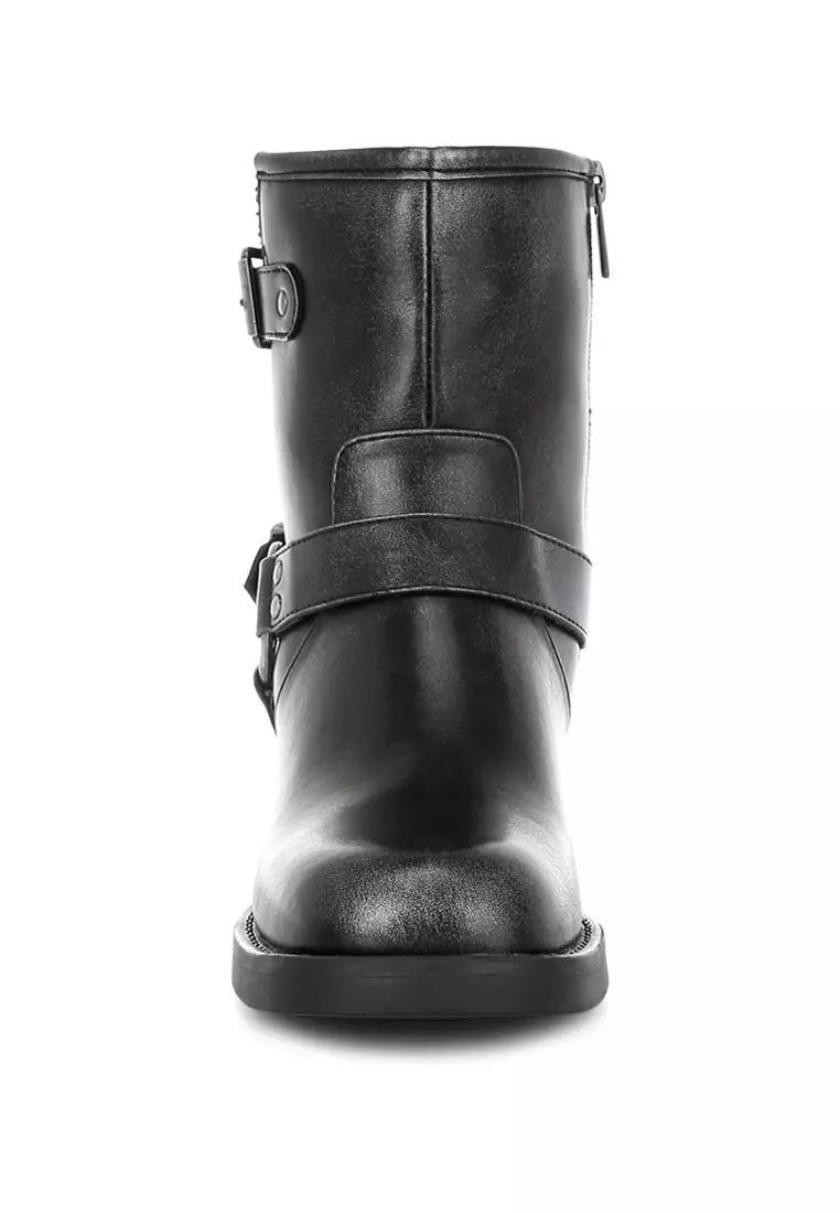 Harness Detail Biker Boots in Black