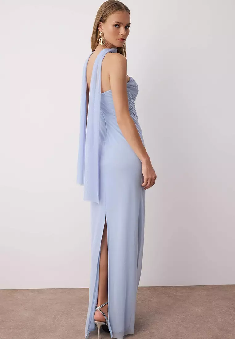 Light Blue Tulle Knitted Maxi Evening Dress With Scarf Evening Homecoming Dress
