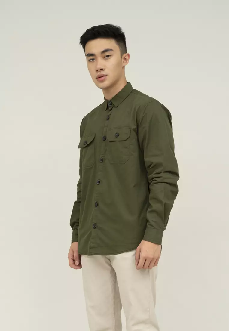 Houseofcuff Kemeja Lengan Panjang Double Pocket Army