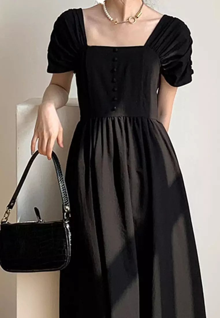 氣質收腰顯瘦方領A字連身裙 A22033115