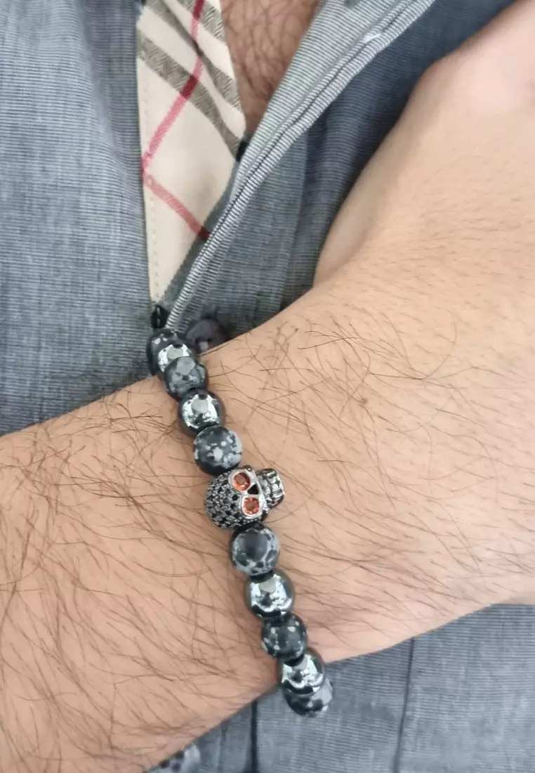 Gelang Macrame Skull Studded Charm Multi Stone Bracelet Silver