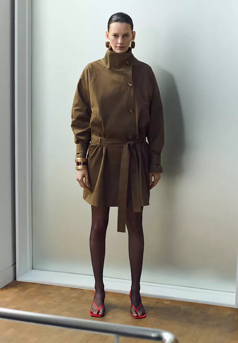 Funnel Neck Belted Trench Coat