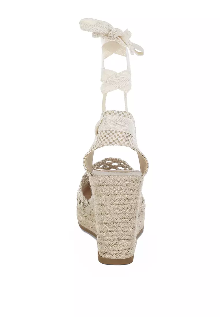 Beige Woven Lace-Up Espadrille Wedges