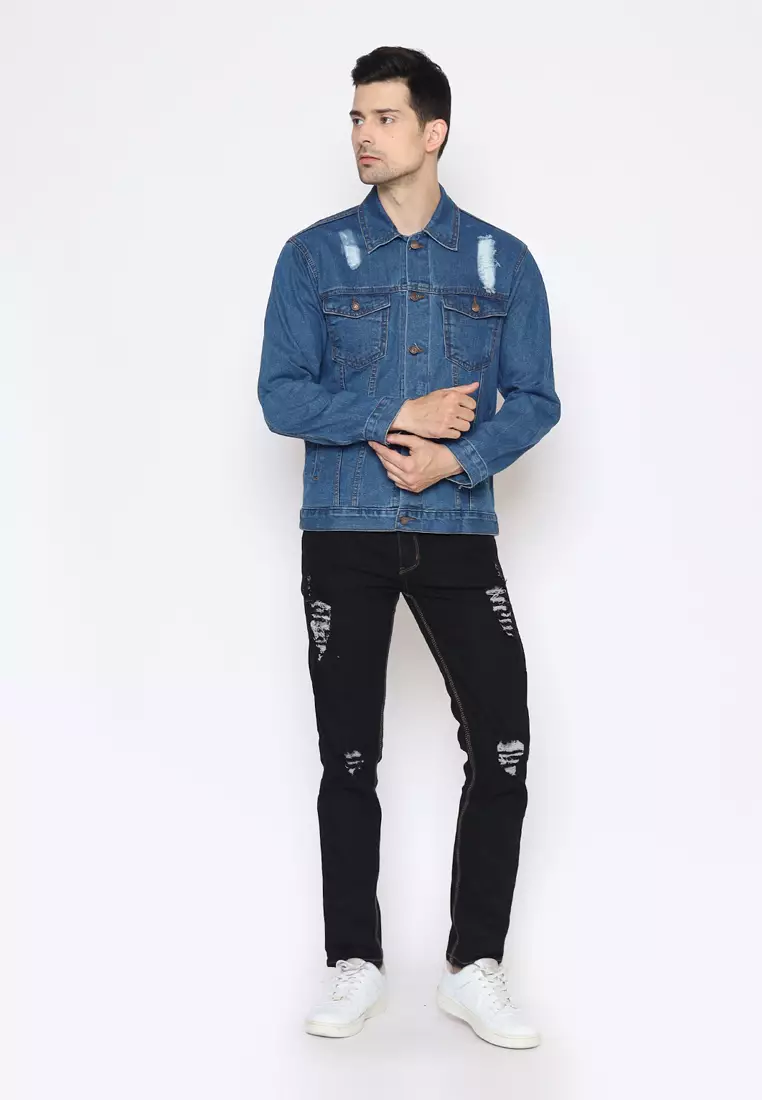 Jaket Ripped Denim Pria Topaz Mid Blue 192103N