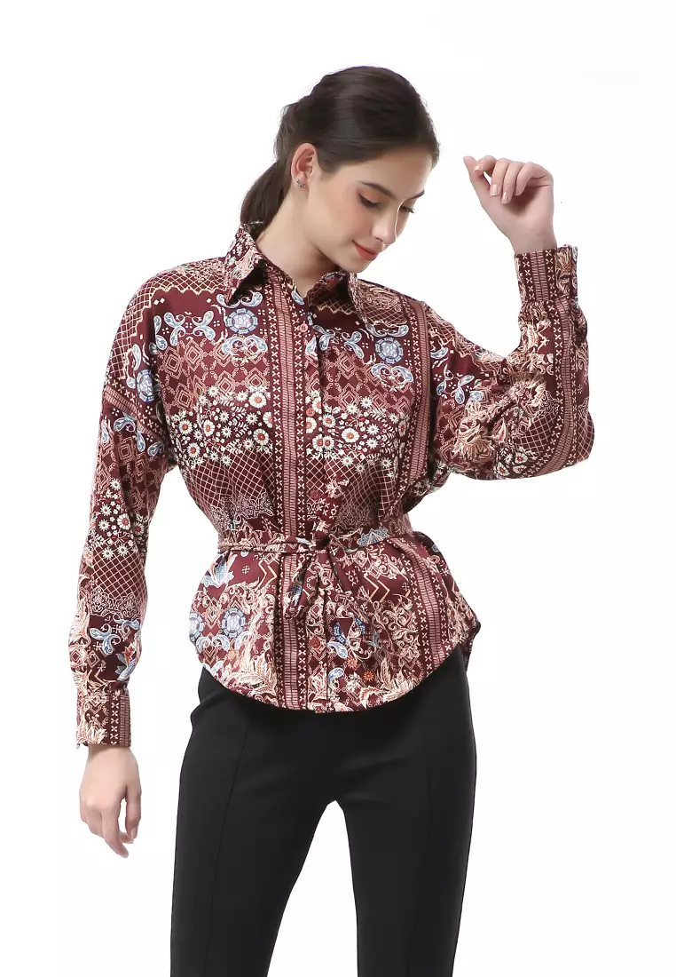 Brielle Kemeja Wanita Lengan Panjang With Tali Pinggang Elegant Design Material Cotton ORIGINAL - Red