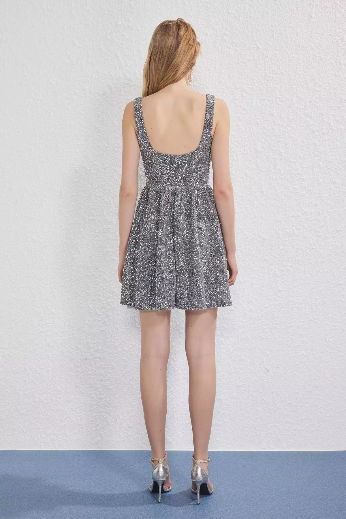 Silver Skirt Waist Opening Sequin Mini Evening Prom Dress TPRSS25EL00286