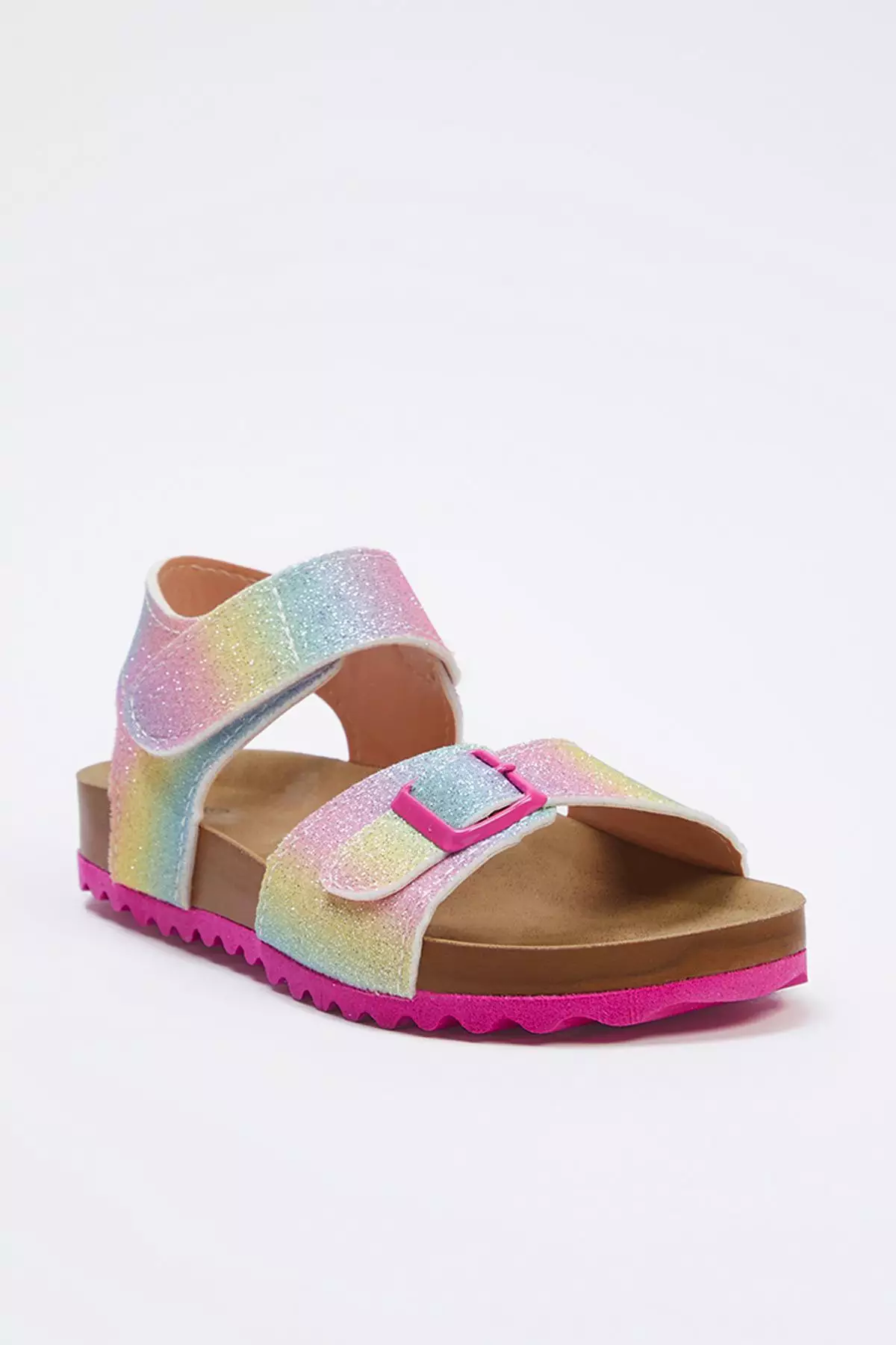 Pink Glitter And Buckle Detailed Velcro Sandals For Girls - Takss25Sd00028
