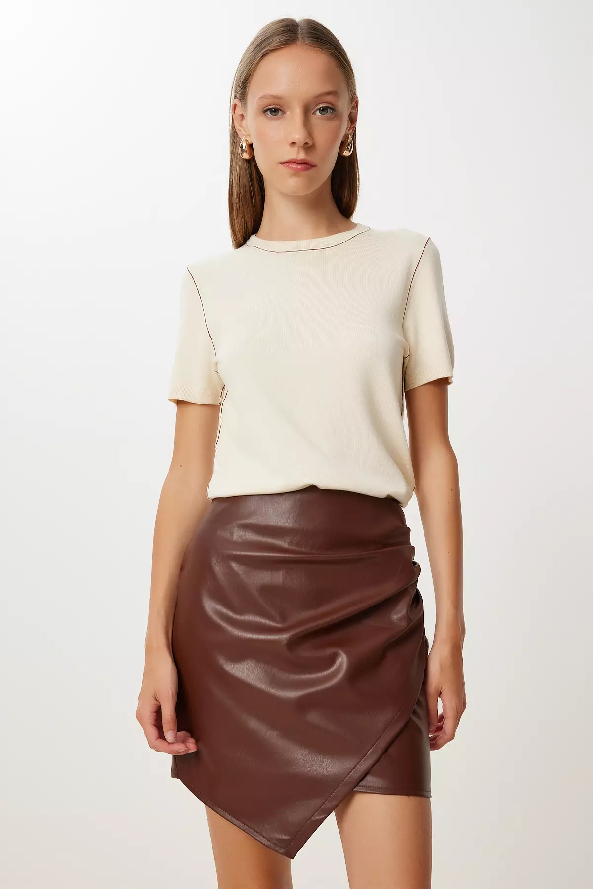 Women's Brown Asymmetrical Mini Faux Leather Skirt Gp00030