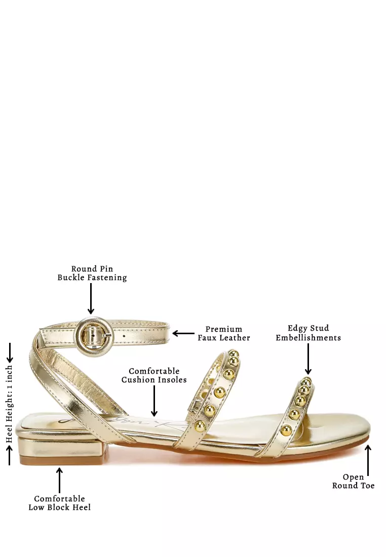 Studded Ankle Strap Flat Sandals in Gold
