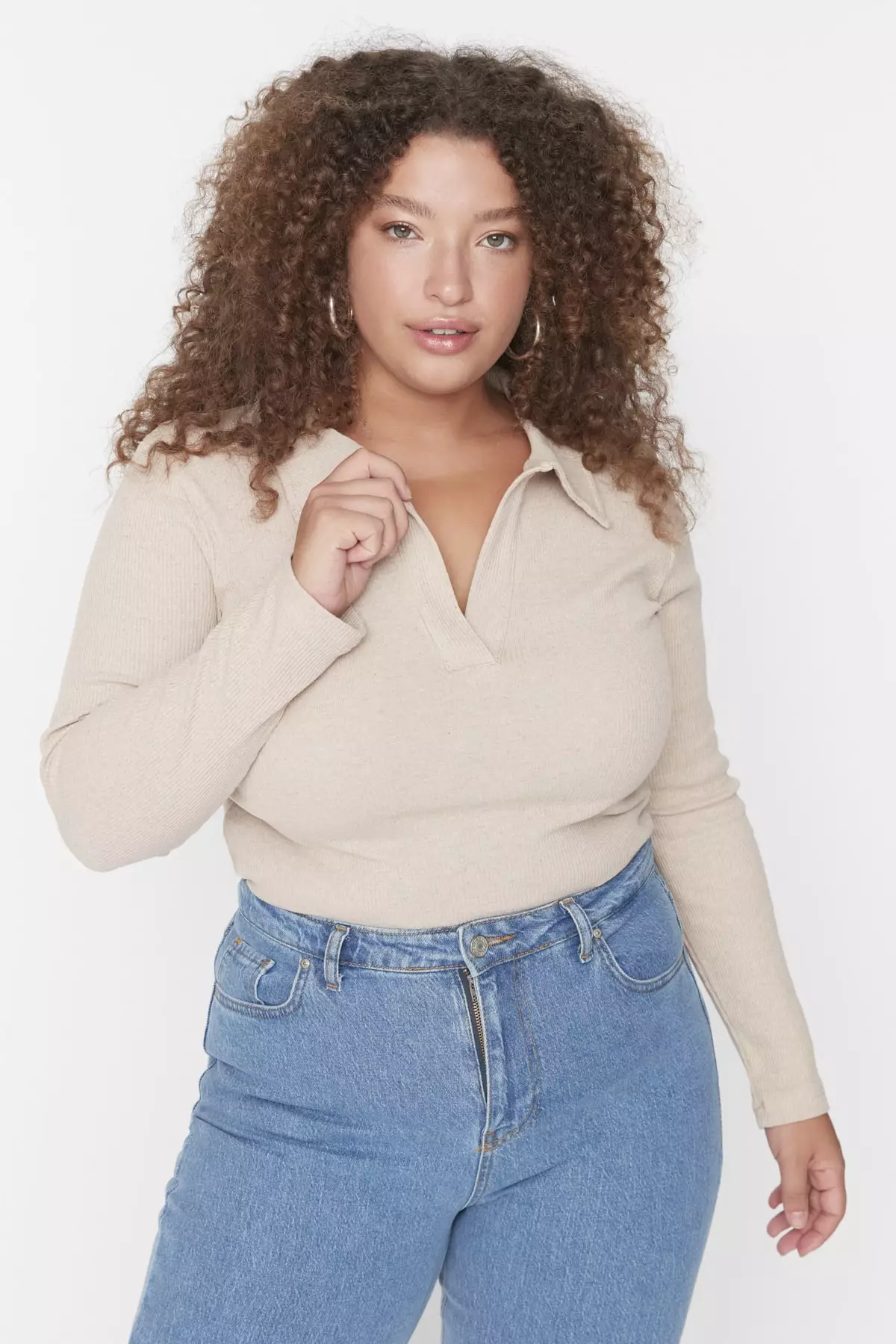 Plus Size Fitted Rivet Knitted Shirt Collar Bodysuit with Snap Fastener