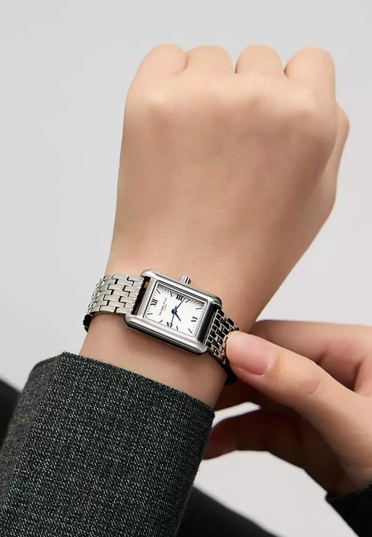 Retro 女士长方形手表22*29mm 簡約经典 不銹鋼表帶長度可調 藍色指針 生活防水-銀色