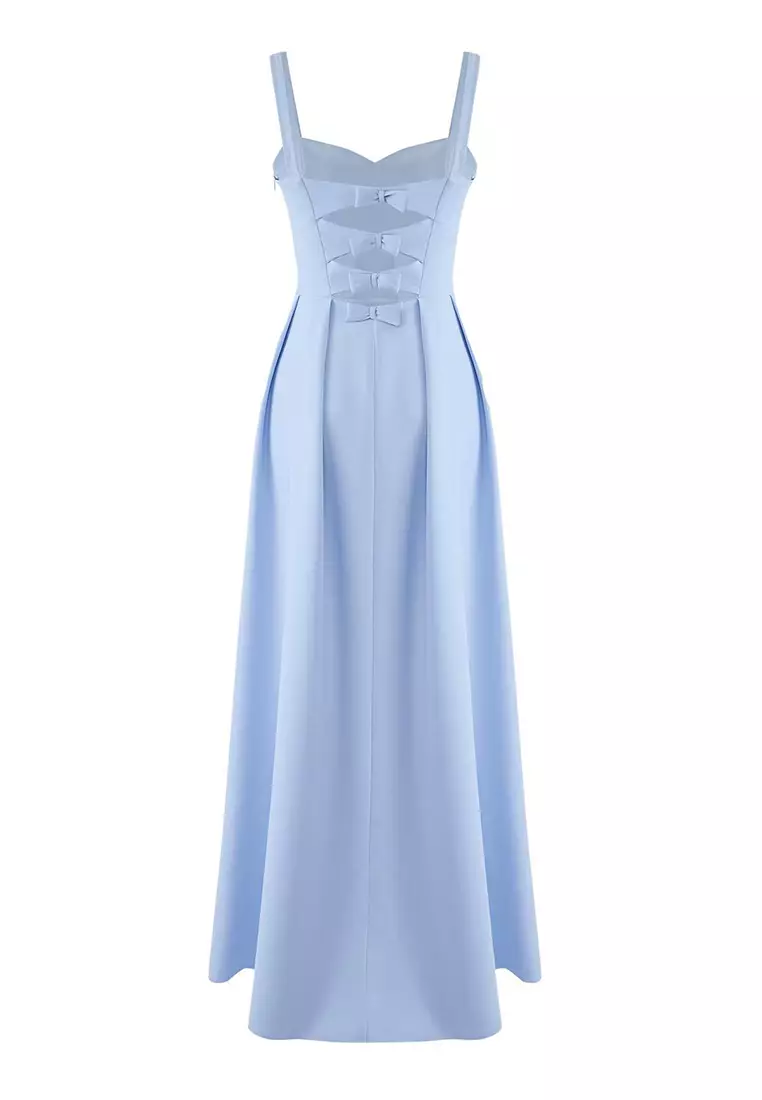 Light Blue A Line Back Bow Detail Long Stylish Evening Dress